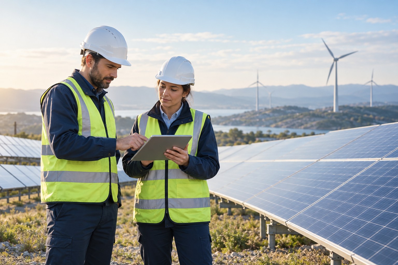 Deux spécialistes de l’énergie équipés de casques examinent une installation solaire avec des éoliennes à l’arrière-plan.
